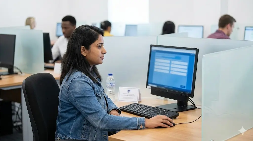 Candidat concentré passant l'épreuve QCM de l'examen civique sur un ordinateur dans un centre d'examen officiel.