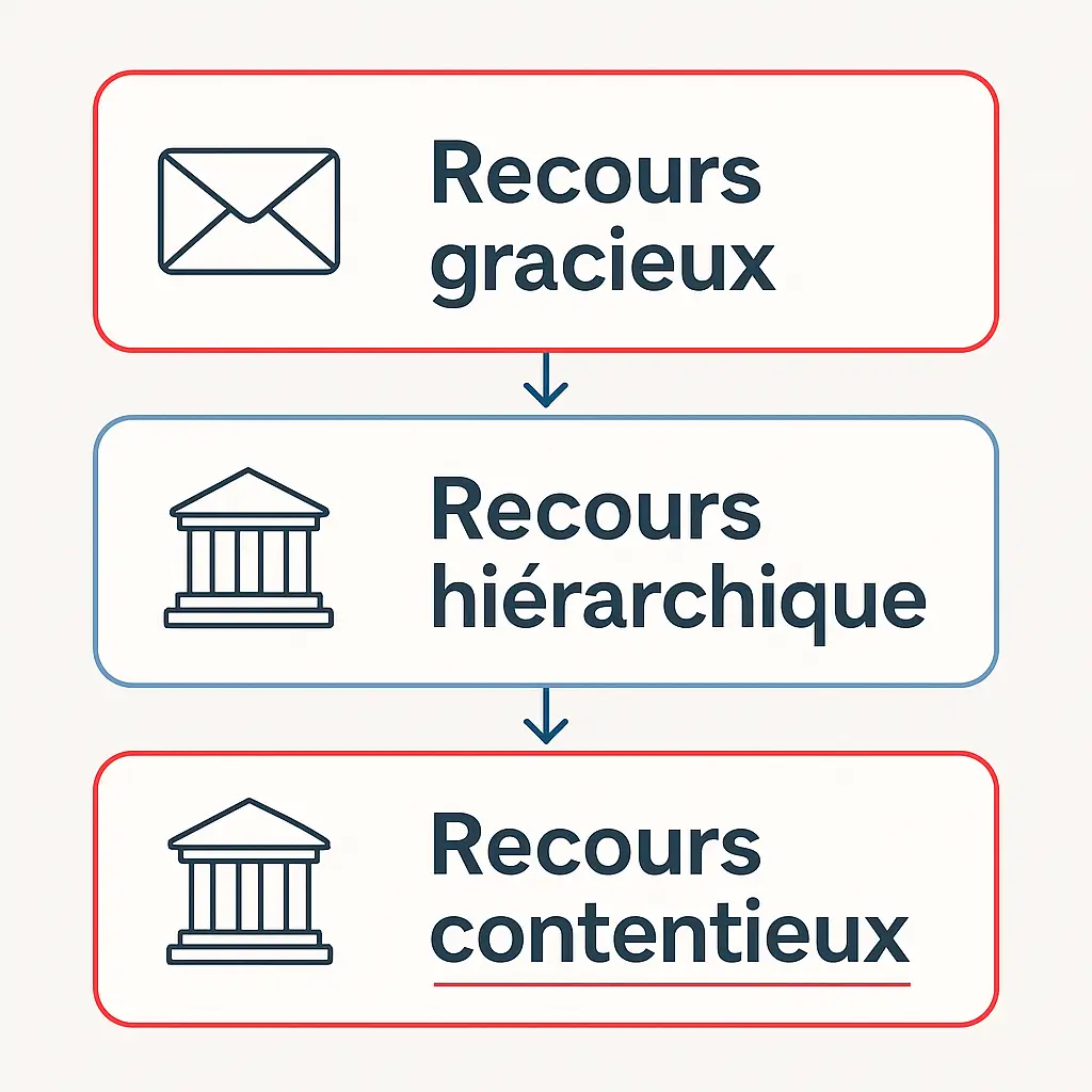 Infographie plate avec trois blocs : recours gracieux, hiérarchique, contentieux reliés par flèches, palette bleu-blanc-rouge