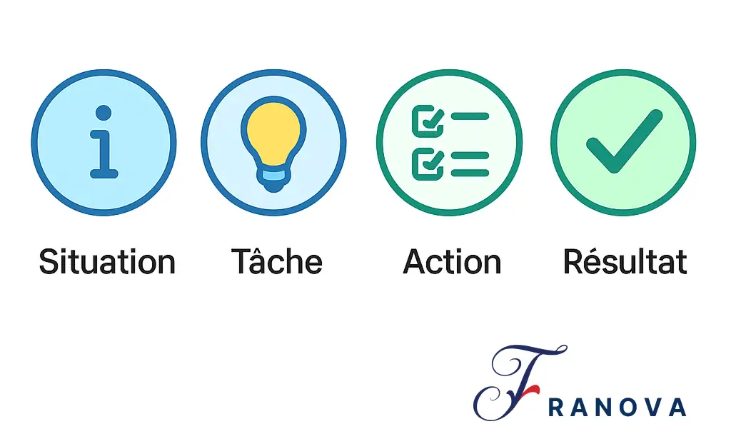 Schéma illustrant la méthode STAR : Situation, Tâche, Action, Résultat, avec icônes colorées et logo Franova en bas.