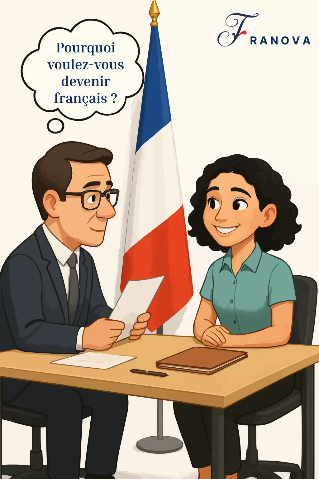 Illustration d’un entretien de naturalisation en France avec un agent posant la question « Pourquoi voulez-vous devenir français ? » à une candidate souriante, drapeau tricolore en arrière-plan.