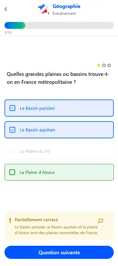 Capture d’une question de géographie Franova demandant de choisir les grands bassins français, avec réponse partiellement correcte et explication