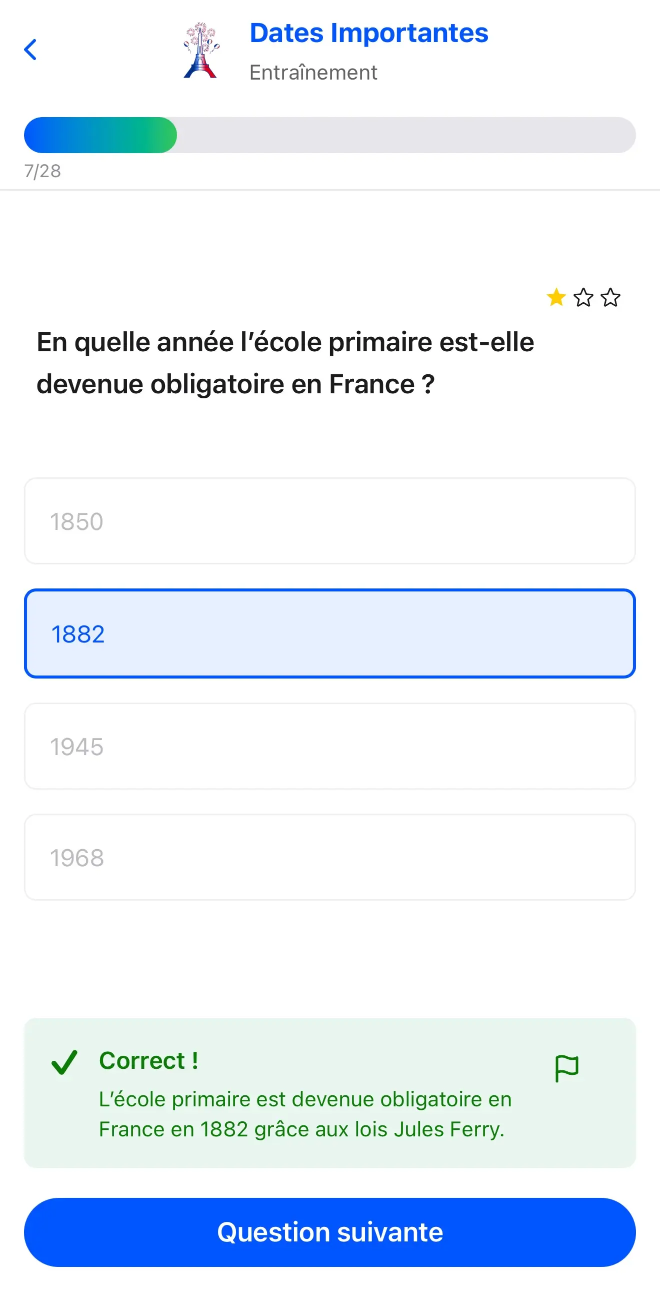 Capture d'écran de Franovamontrant la session « Entraînement » de Franova avec une question sur les dates importantes