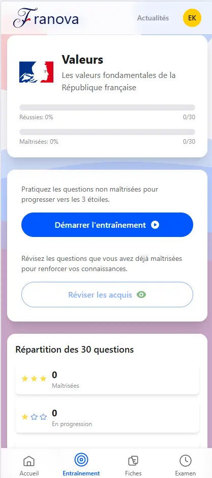 Capture du tableau de bord « Valeurs fondamentales » de Franova indiquant le nombre de questions maîtrisées et le bouton « Démarrer l’entraînement »