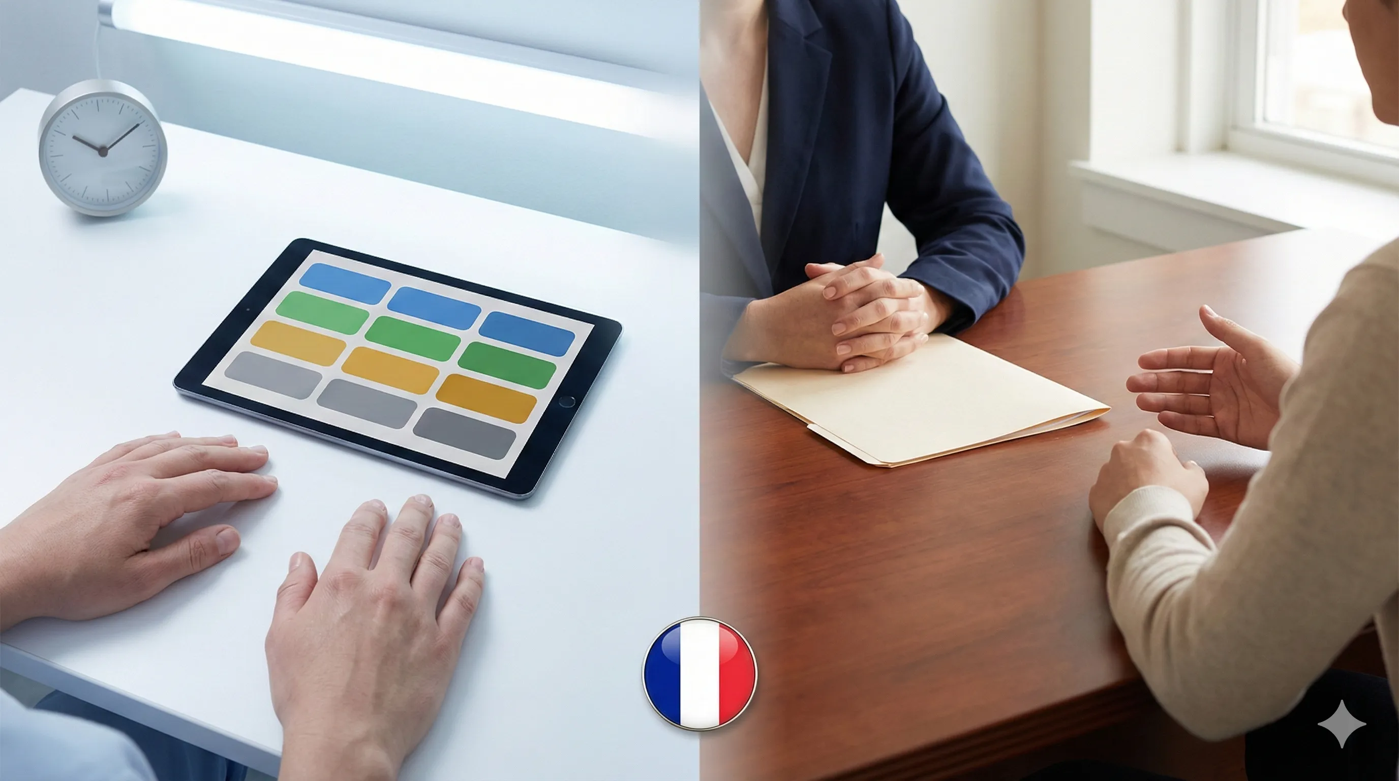 Comparaison visuelle entre l'examen civique (QCM sur tablette) et l'entretien de naturalisation (échange oral avec un agent) pour la naturalisation française.