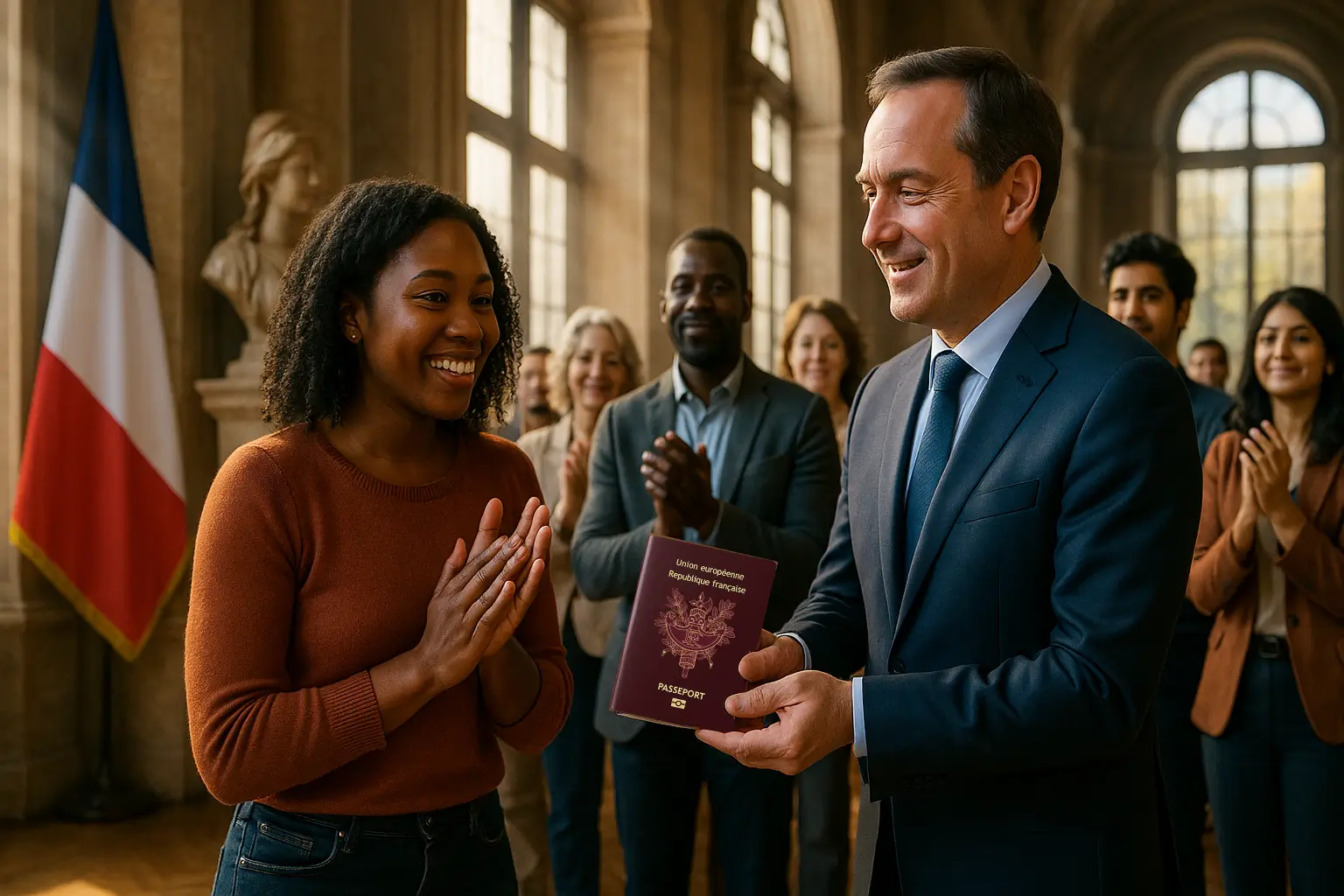 Photo ultra réaliste d'une cérémonie de naturalisation dans une préfecture française : jeune femme noire souriante reçoit un passeport français biométrique du maire portant une écharpe tricolore, public multiculturel applaudissant, drapeau français et buste de Marianne en arrière-plan.