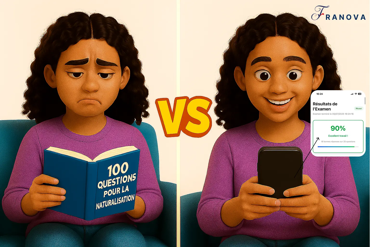 Réviser pour l’entretien de naturalisation : livre papier (PDF) ou application Franova ? Comparaison entre une candidate stressée révisant avec un livre de 100 questions pour la naturalisation et la même candidate souriante utilisant l’application Franova avec un score de 90 %.