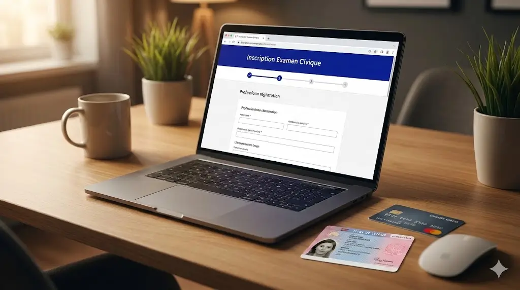 Inscription CCI : Le guide étape par étape. Bureau moderne avec un ordinateur affichant le site d'inscription à l'Examen Civique, accompagné d'un titre de séjour et d'une carte bancaire pour le paiement.